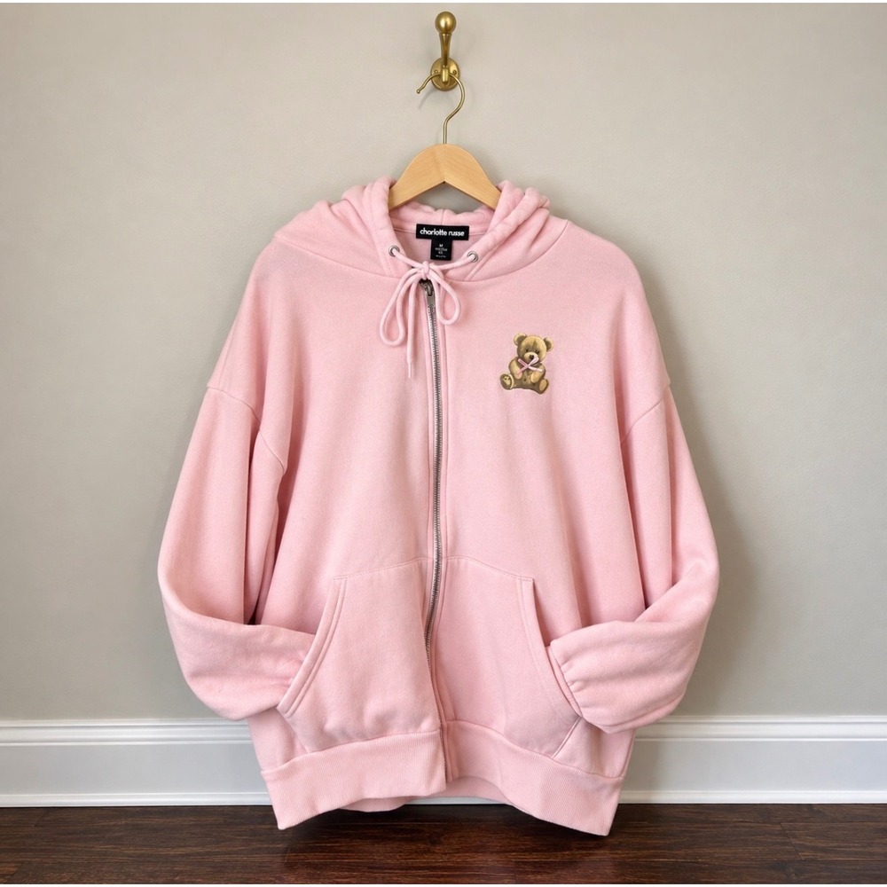 Charlotte Russe Pink Teddy Bear Unbelievably Cute Zip Up Hoodie Sweatshirt M